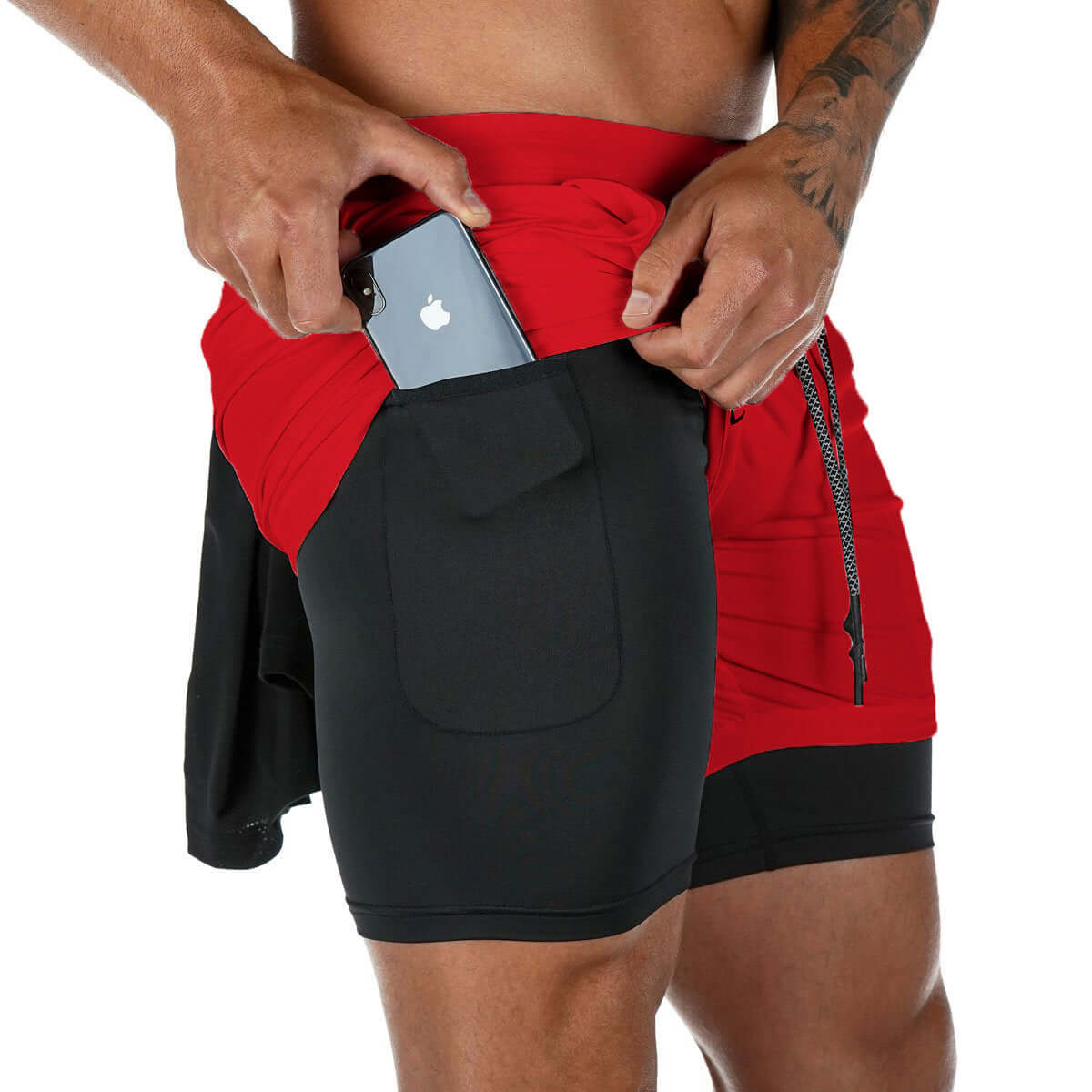 Men's double-layer quick-drying breathable jogging shorts with pocket, perfect for workouts.