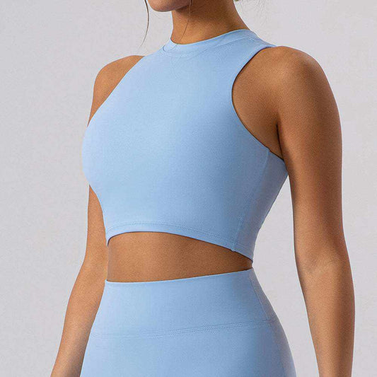 Woman wearing a Women’s Premium Yoga-Back Top with half-turtleneck and beauty-back design in breathable fabric