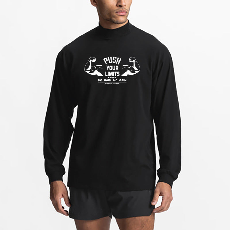Youth Muscle Warrior Workout long sleeve cotton pullover T-shirt in white and black, loose fit for sports