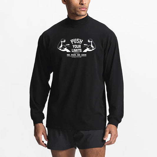 Youth Muscle Warrior Workout long sleeve cotton pullover T-shirt in white and black, loose fit for sports