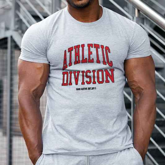 Men wearing new trendy workout short sleeve t-shirt in black with Athletic Division print