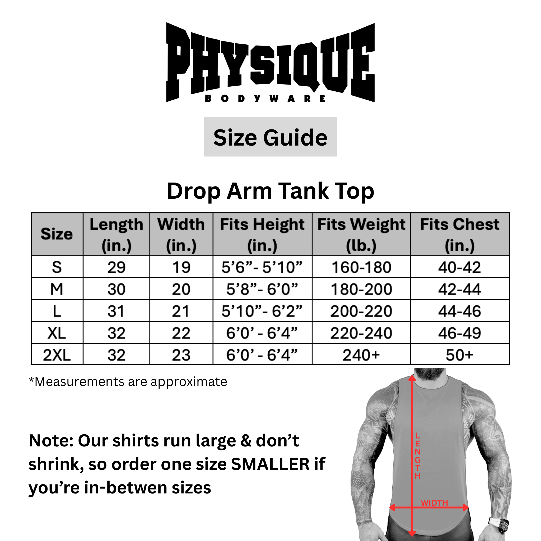 AeroFlex size guide for Drop Arm Tank Top with measurements and fitting information.