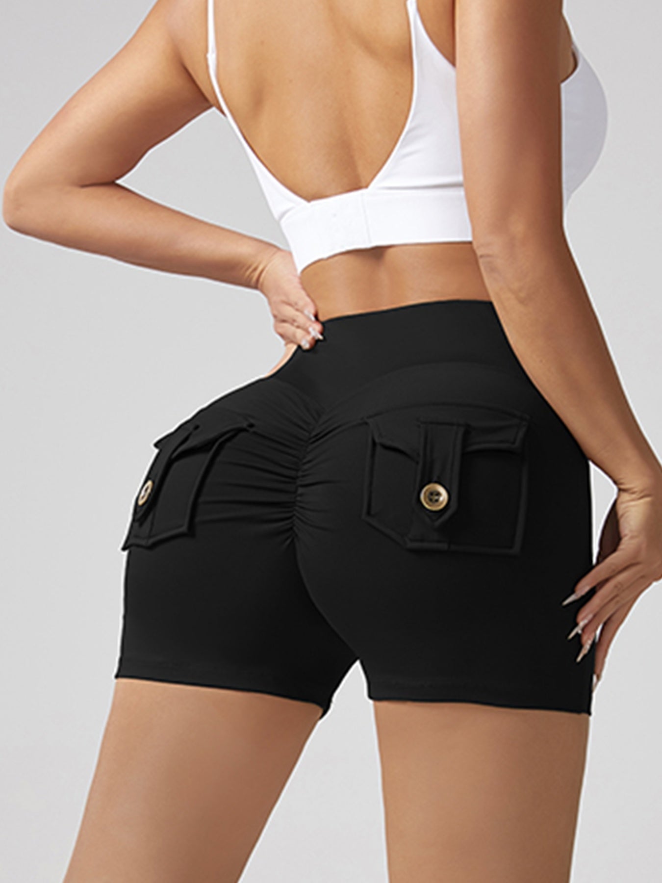 V‑Waist Women’s Workout Shorts – Stretch Pocket Button Peach‑Hip Fit