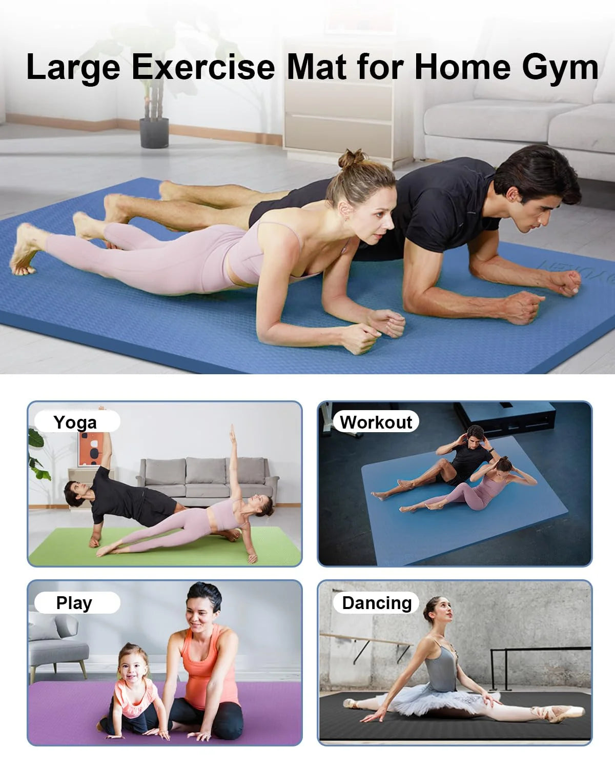 Large Yoga Mat Thick 15MM TPE Non-Slip Exercise Mats for Pilates Fitness Workouts, 78"X51", Blue