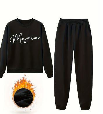 Black fleece letter-printing hoodie and sweatpants set for women with 3D effect polyester fabric