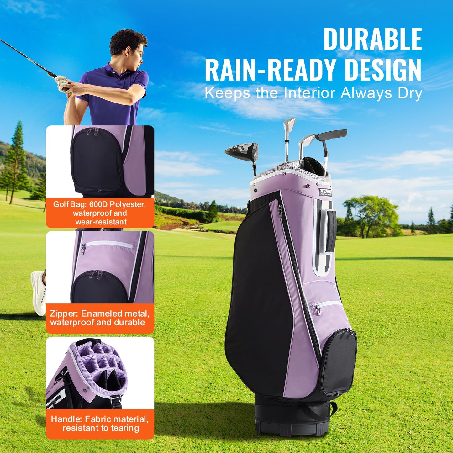 Golf Cart Bag With 14 Way Organizer Divider Top, 36” Multiple Pockets Premium Cart Bag, Durable Golf Bags With Handles & Dust Cover & Detachable Strap For Men & Women, Black Purple