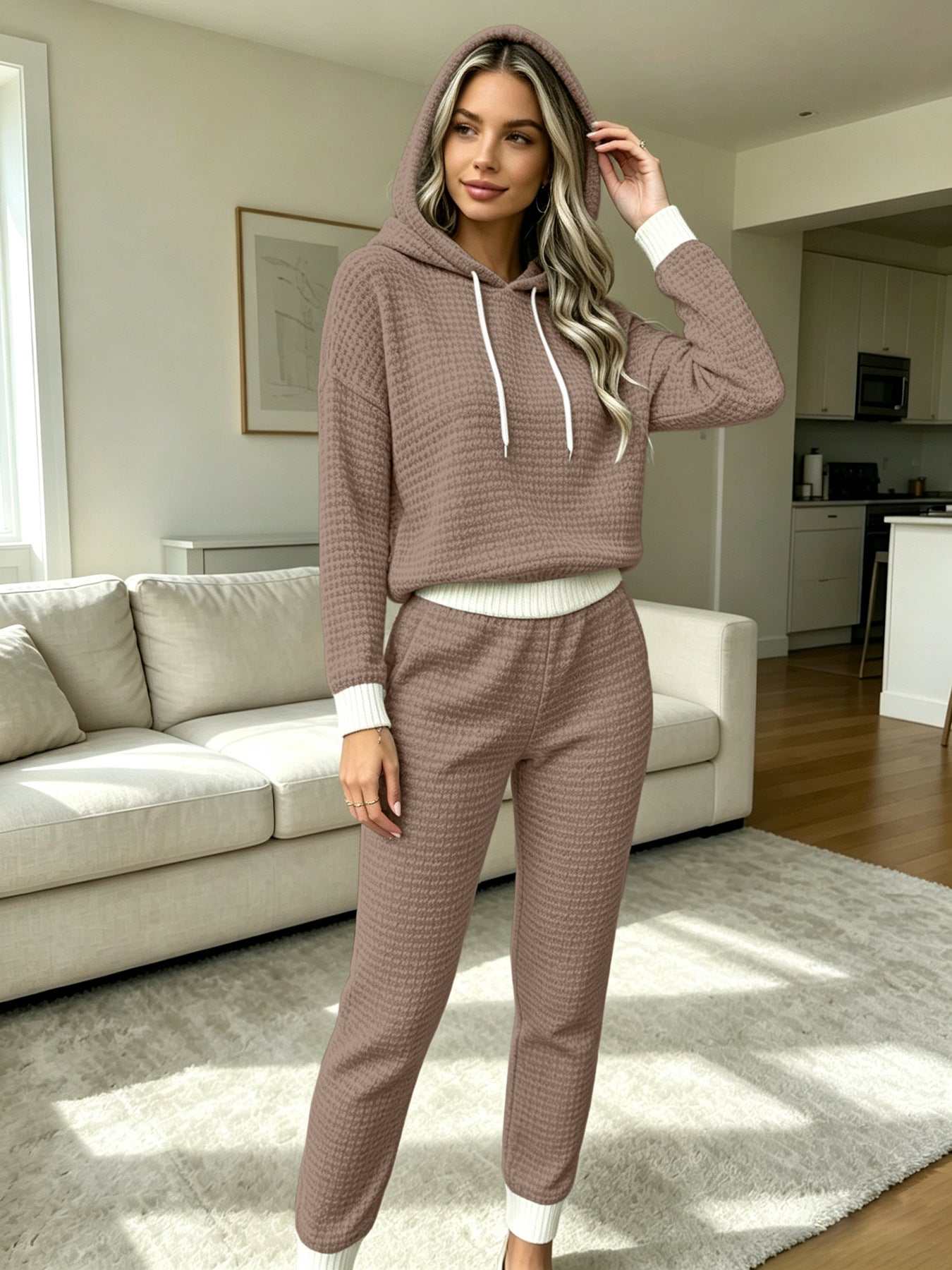 Women's Casual Waffle-Weave Hoodie and Pants Set | Comfortable Two-Piece