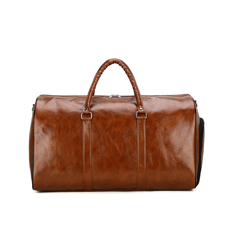 Retro business trip men's large capacity sports gym bag in blue PU leather with waterproof and breathable design