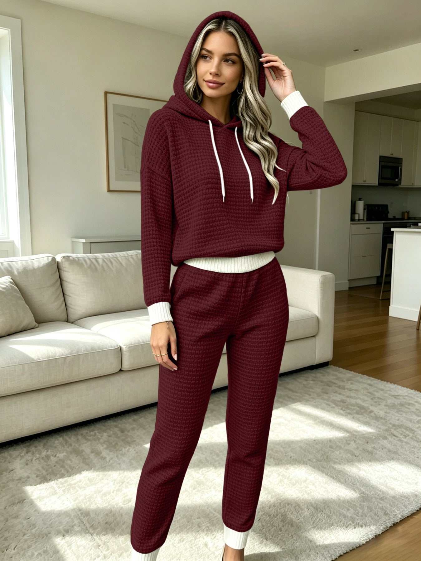 Women's casual waffle-weave drawstring hoodie and pants two-piece set in multiple colors, polyester fabric, regular fit for comfortable loungewear and casual wear