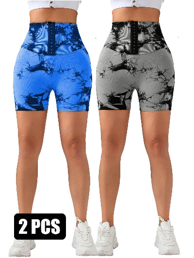 2 Pack-Tie Dye Lifting High Waist Skinny Stretch Gym Shorts