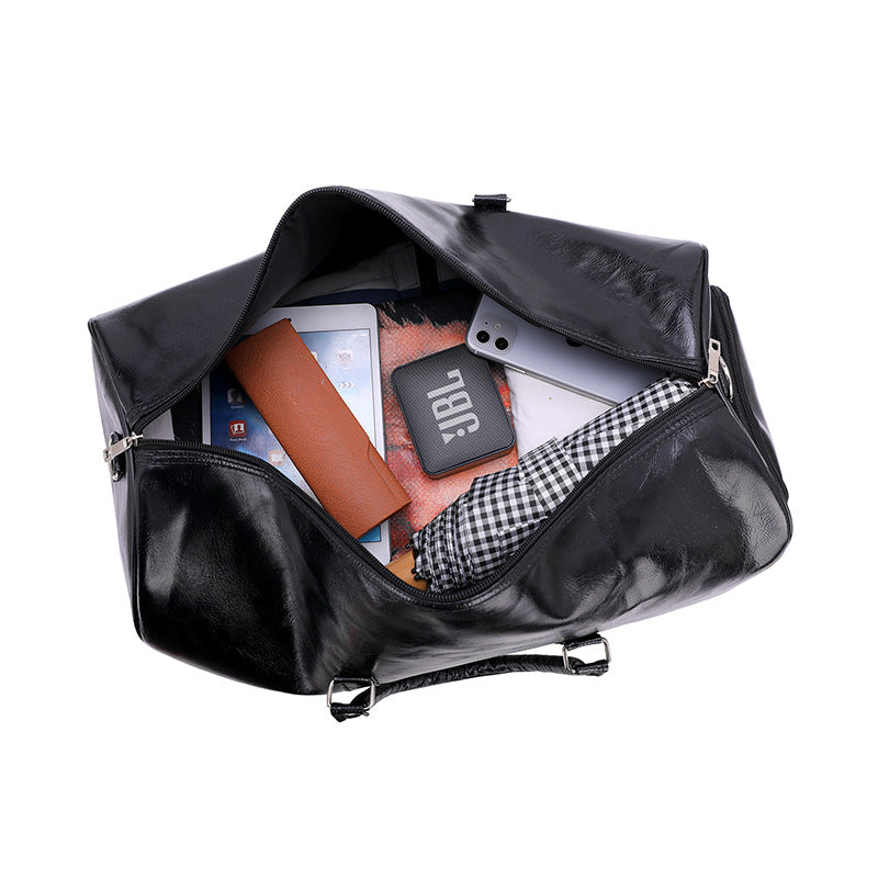 Retro business trip men’s large capacity sports gym bag in PU leather, breathable and waterproof, available in blue, black, and brown colors.
