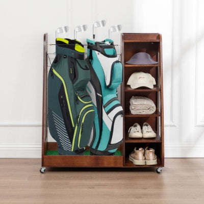 Heritage Wood Golf Bag Organizer – Premium 2-Bag Storage Rack
