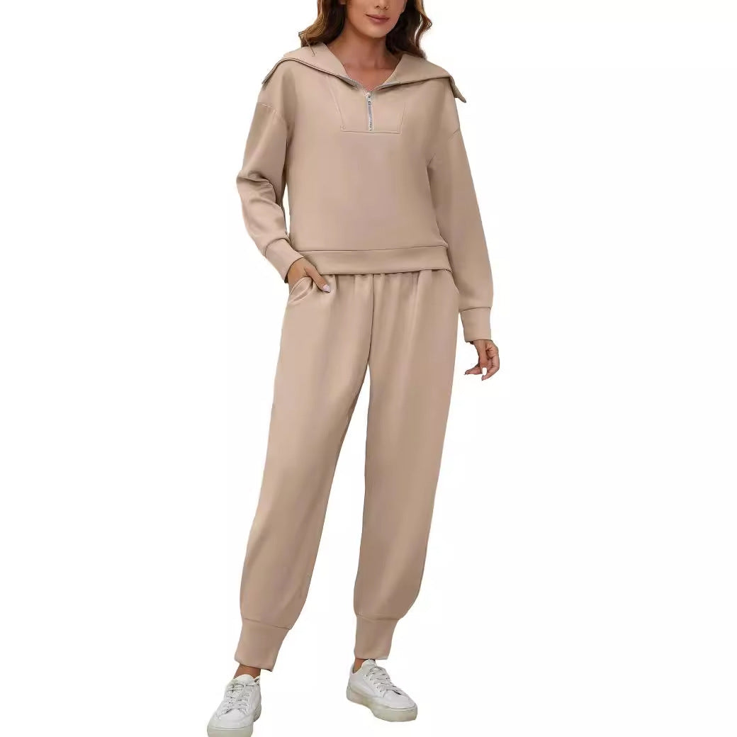 Urban Lounge 2-Piece Set – Long-Sleeve Lapel Top & High-Waist Pants