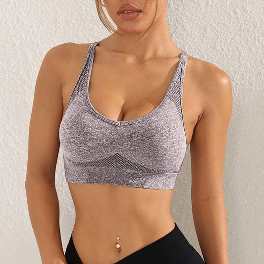Womens cross strap sports tank top workout fitness vest in brown nylon seamless design wire-free full cup