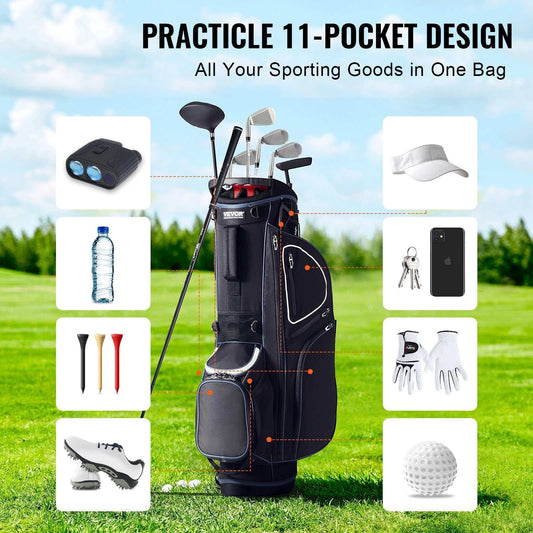 Black white golf cart bag with 14 way organizer and 11 pockets