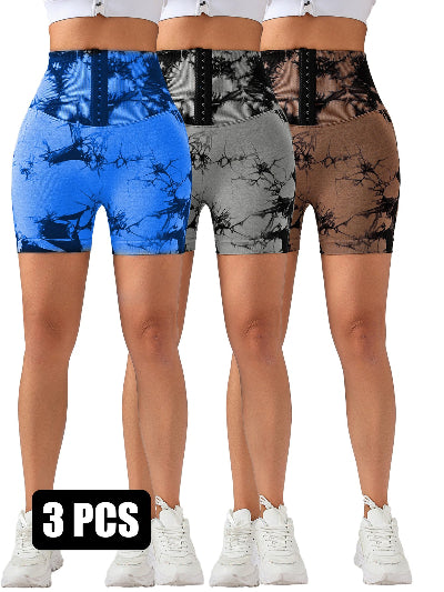 3 Pack-Tie Dye Lifting High Waist Skinny Stretch Gym Shorts