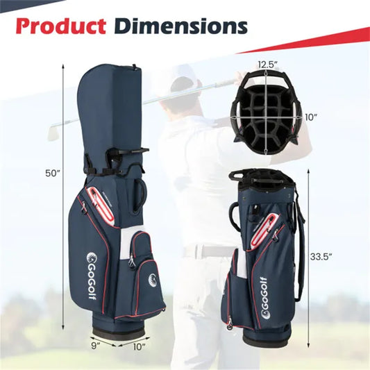 14-Way Golf Cart Bag - 6 Zippered Pockets+Cooler Pocket, Waterproof Zippers, Navy + Red