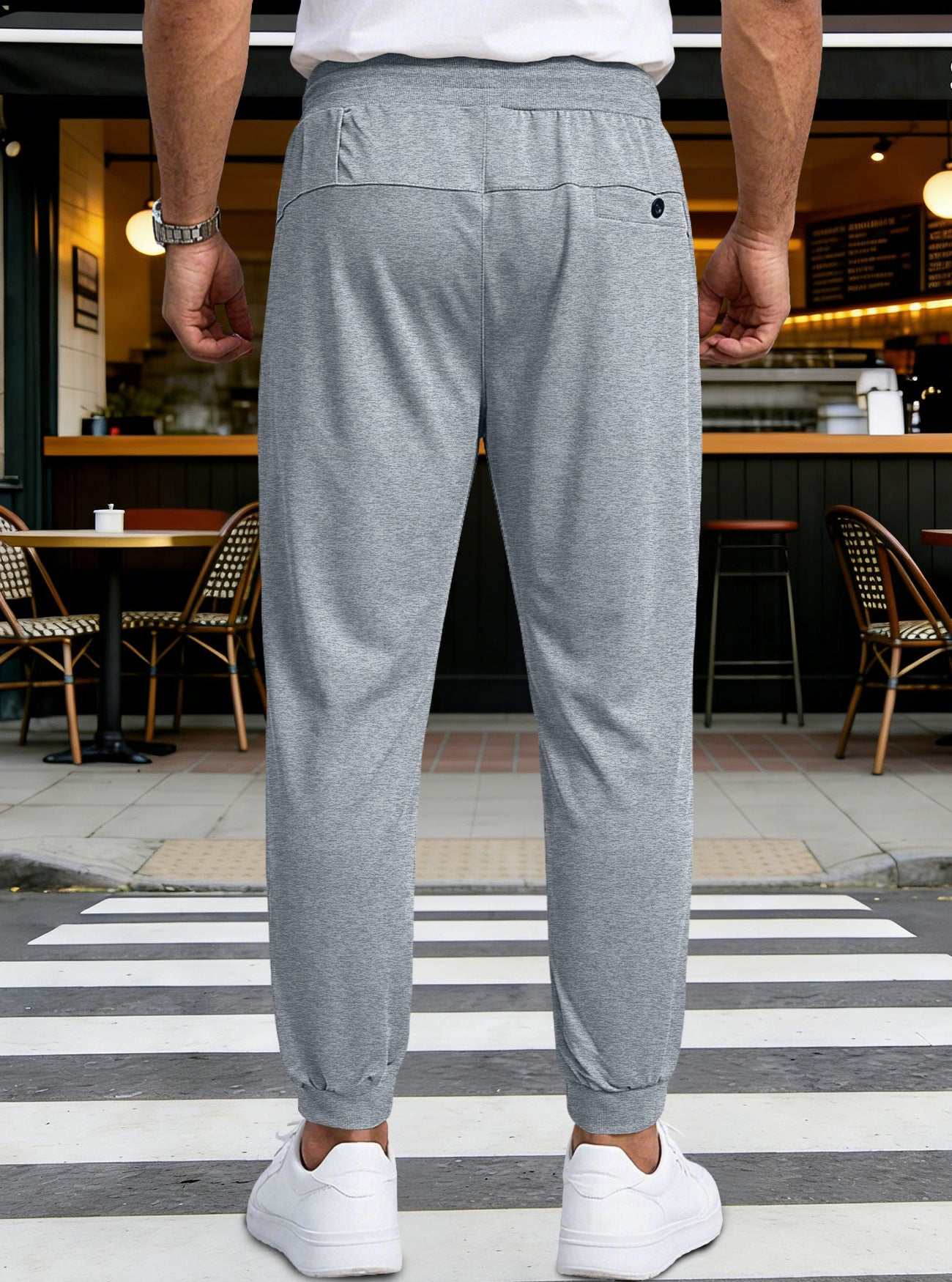Mens sporty long pants casual zip-cuff sweatpants in light and dark heather gray colors with mid-waist and straight leg design
