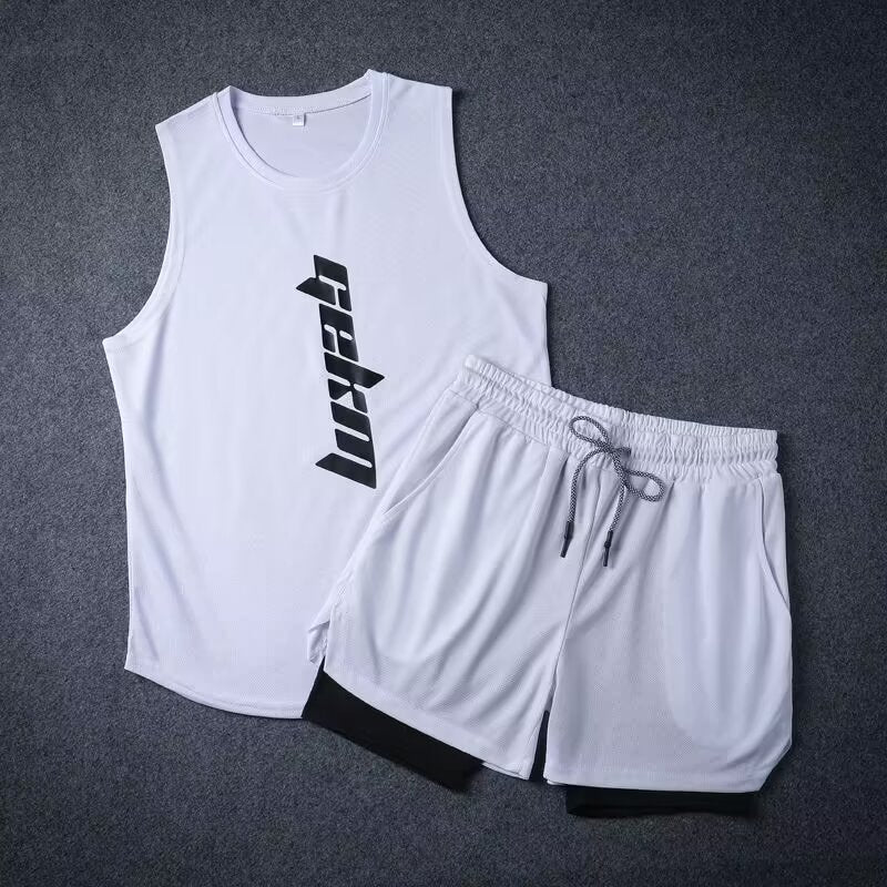 Speed men's athletic shorts and sleeveless vest workout outfit in black and white for sports