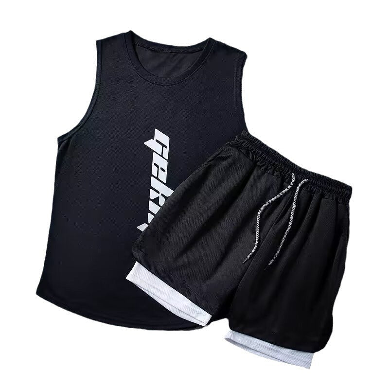 Speed men's athletic shorts and sleeveless vest workout outfit in black and white colors