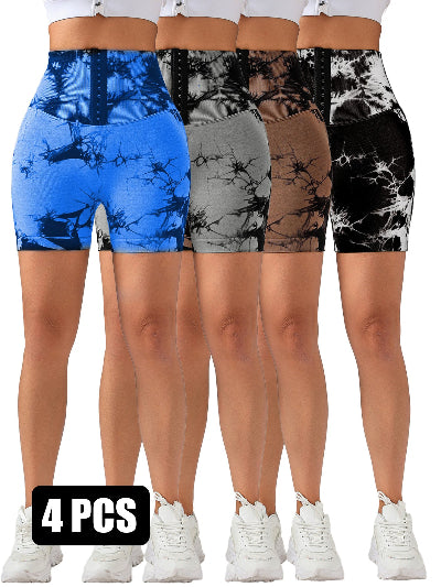 4 Pack-Tie Dye Lifting High Waist Skinny Stretch Gym Shorts