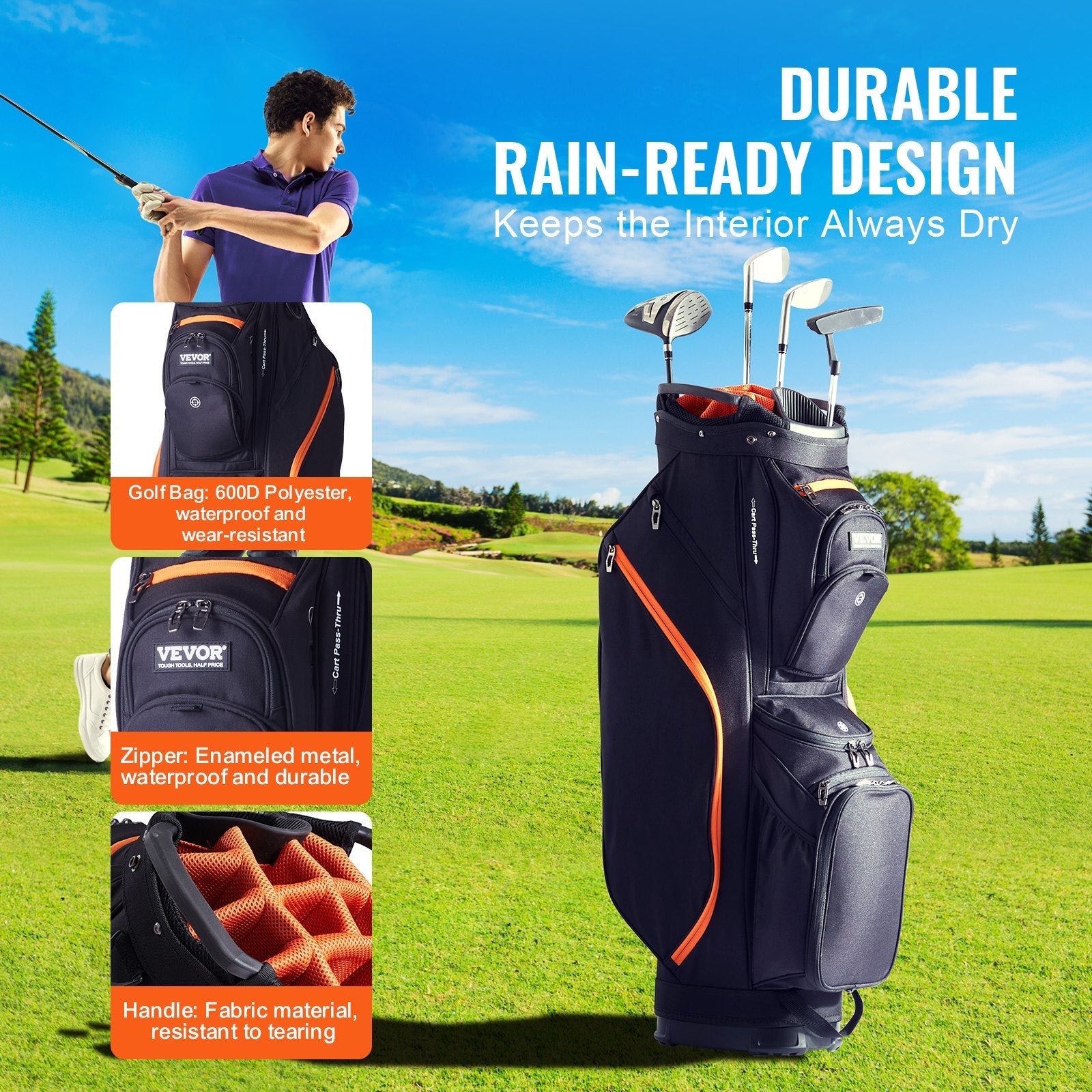 Black and orange golf cart bag with 14-way organizer divider, multiple pockets, durable waterproof material, handles, and detachable straps