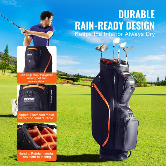 Black and orange golf cart bag with 14-way organizer divider, multiple pockets, durable waterproof material, handles, and detachable straps