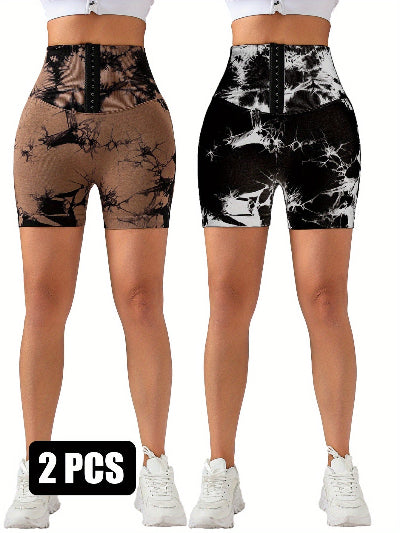 2 Pack-Tie Dye Lifting High Waist Skinny Stretch Gym Shorts