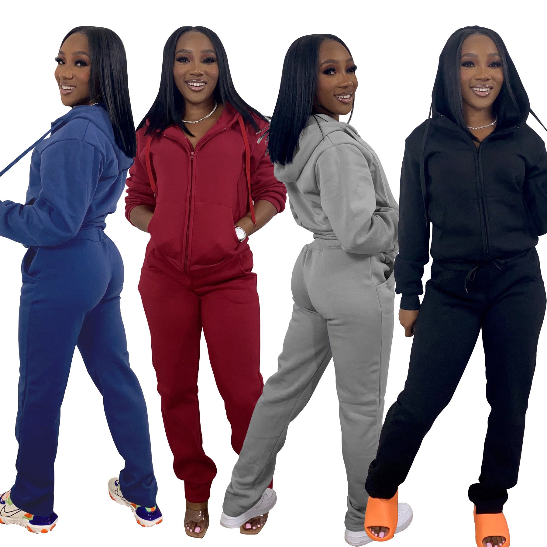 Women wearing casual women sweatsuit set with hoodies and jogger sweatpants in multiple colors
