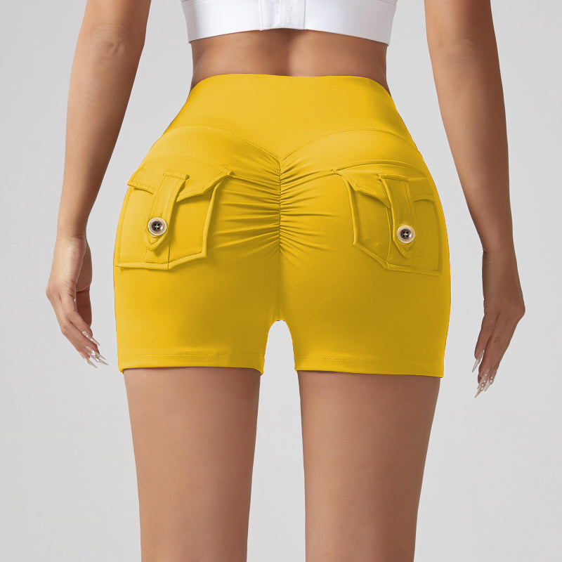V‑Waist Women’s Workout Shorts – Stretch Pocket Button Peach‑Hip Fit