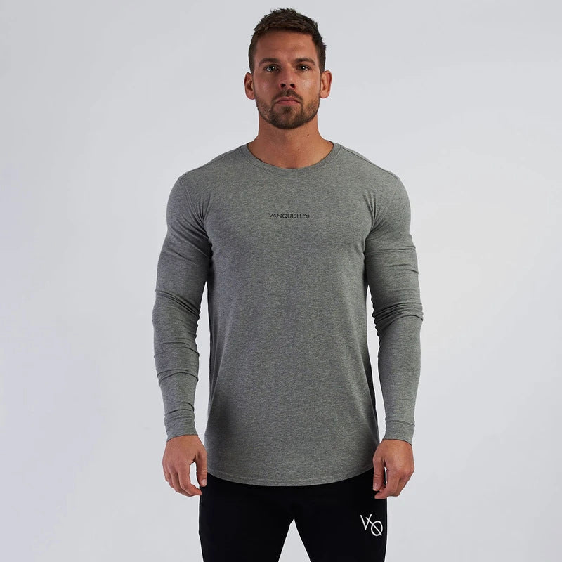 Black muscle workout sports long-sleeved T-shirt for men in cotton fabric designed for basketball and running training