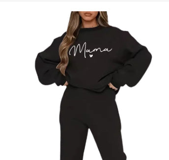 Black fleece letter-printing hoodie and sweatpants set for women with 3D effect polyester fabric