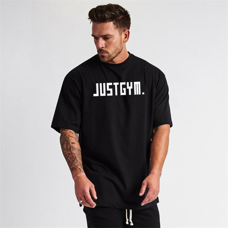 Muscle men's loose cotton short sleeve workout t-shirt with letter pattern in white black and dark gray colors