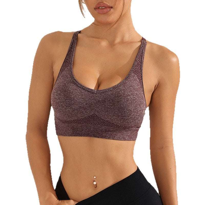 Womens cross strap sports tank top in multiple colors, seamless nylon fabric, wire-free full cup design for workout and fitness