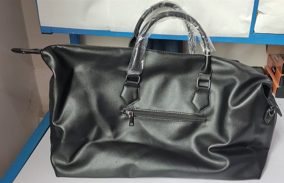 Black leather gym bag with adjustable shoulder strap and multiple compartments