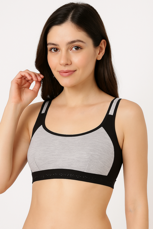 Dual-Tone Cotton Sports Bra – Grey & Black (SIZE 32A)
