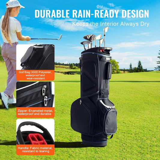 black and white golf cart bag with 14 way organizer and 11 pockets