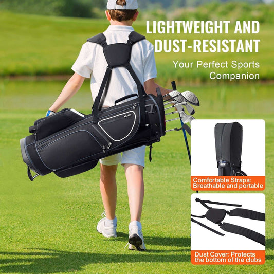 black and white golf cart bag with 14-way divider and 11 pockets