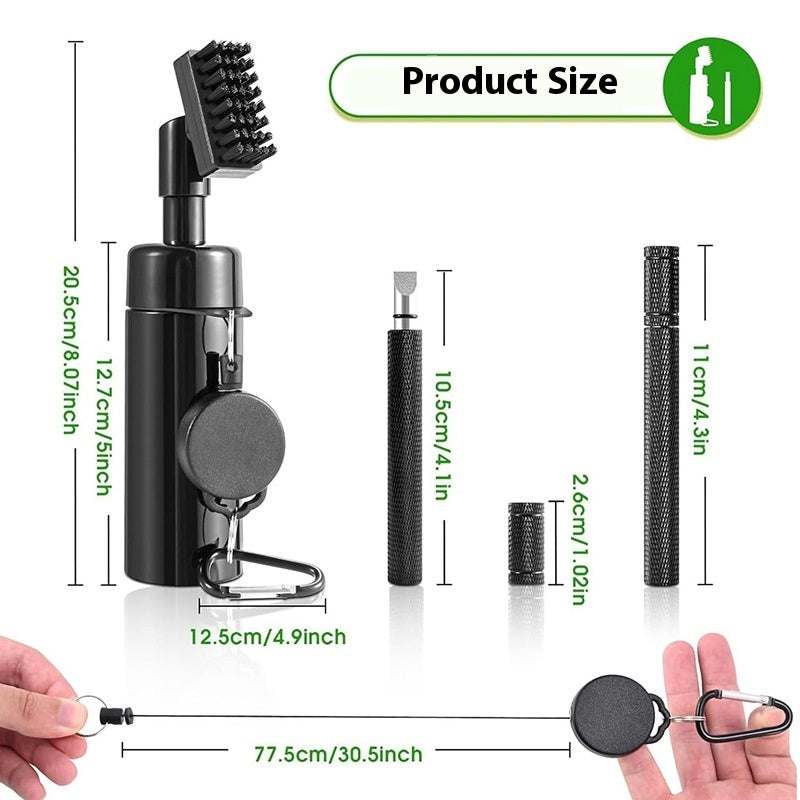 Black plastic golf club cleaning tool with six integrated tools for club maintenance