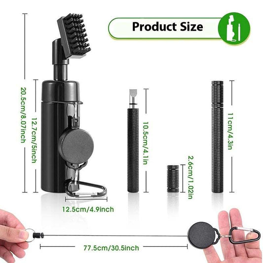 Black plastic golf club cleaning tool with six integrated tools for club maintenance