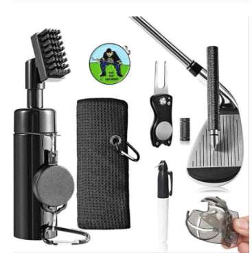 Compact black plastic golf club cleaning tool with six cleaning features