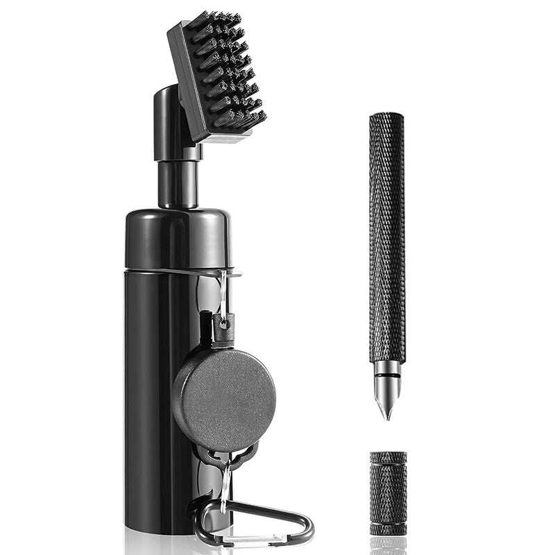 black six-in-one golf club cleaning tool for clubs and grips