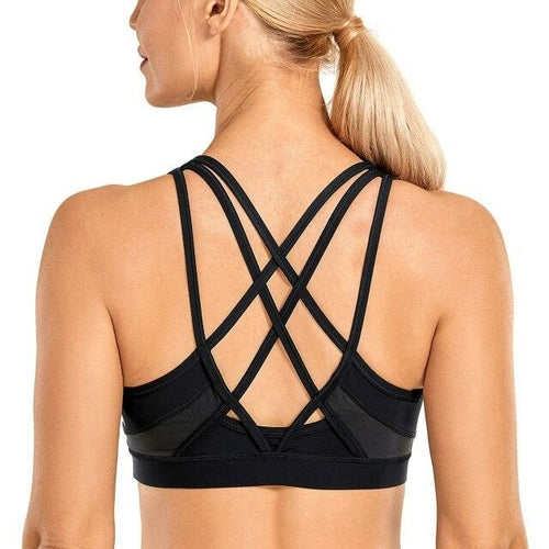 Women's Strappy Sports Bras V Neck Medium Impact Wirefree Padded Yoga