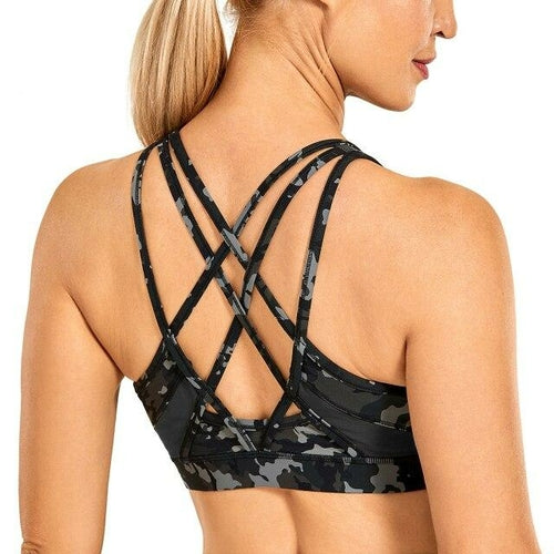 Women's Strappy Sports Bras V Neck Medium Impact Wirefree Padded Yoga